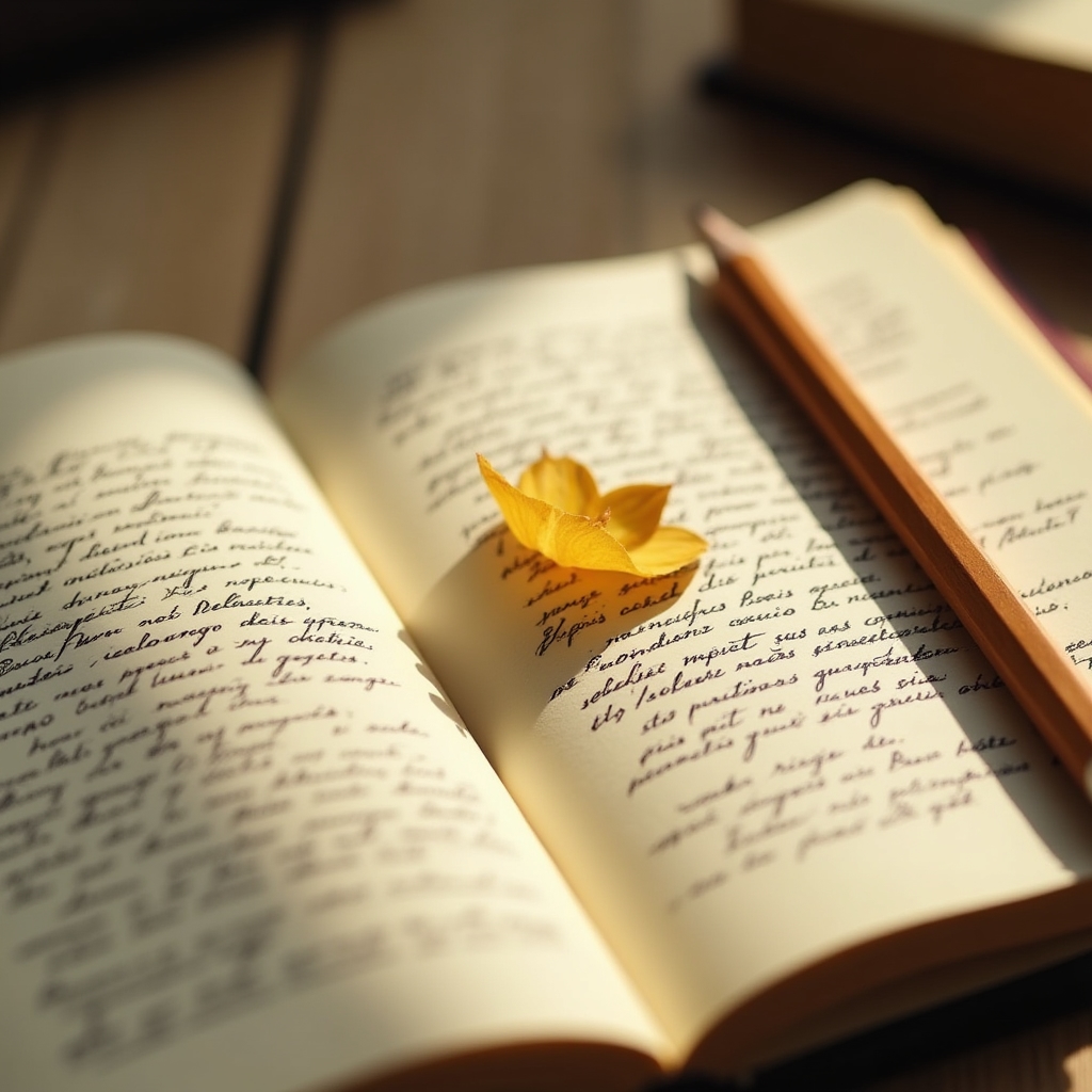 Primer plano de cuaderno abierto con texto manuscrito y lápiz apoyado, luz lateral cálida