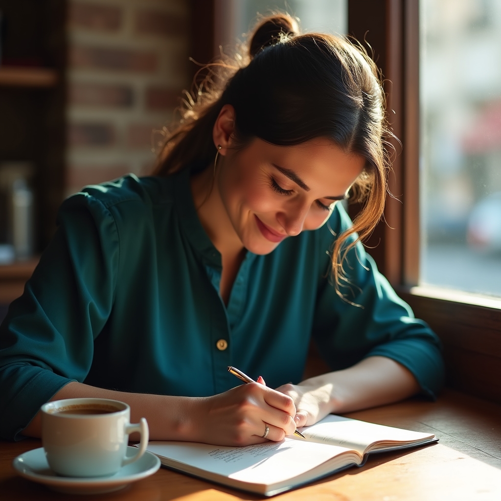 Mujer adulta escribiendo en su cuaderno en un café de Buenos Aires, concentrada y expresiva
