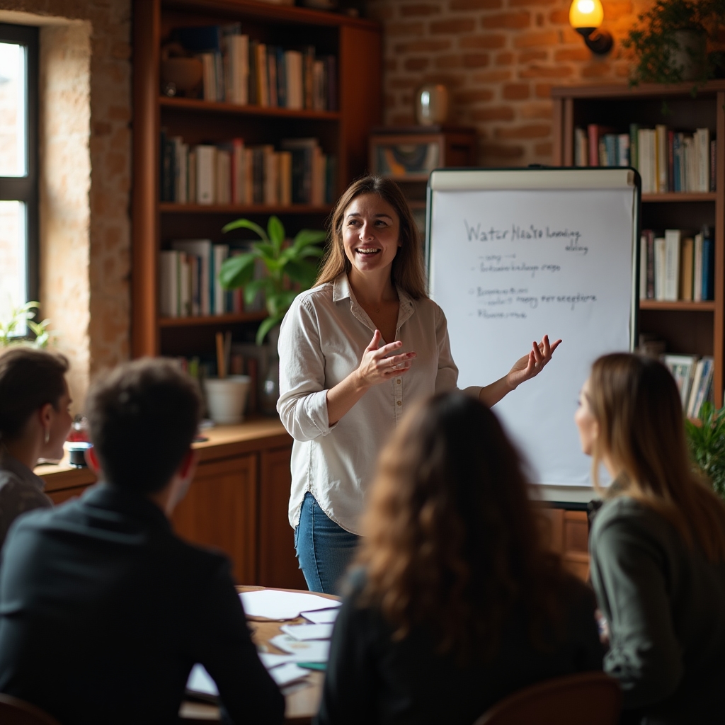Facilitadora guiando una sesión de escritura creativa con grupo de adultos atentos alrededor de mesa