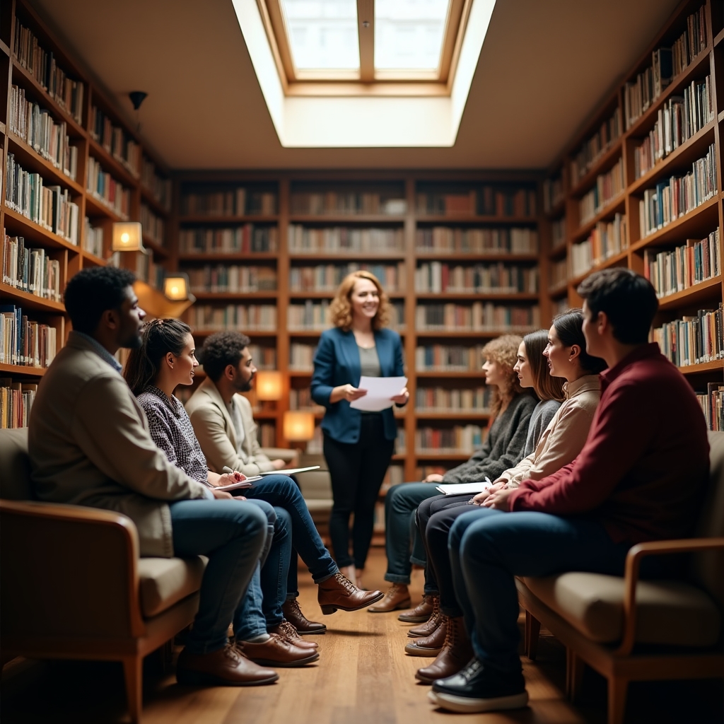Grupo diverso de adultos en sesión de lectura compartida en taller literario, ambiente cálido e iluminado