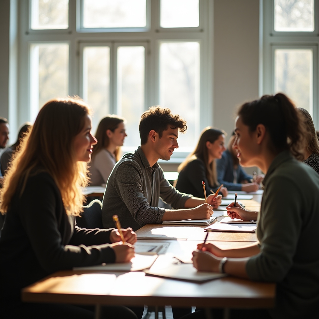 Sesión intensiva de escritura creativa durante fin de semana, participantes concentrados con materiales sobre las mesas