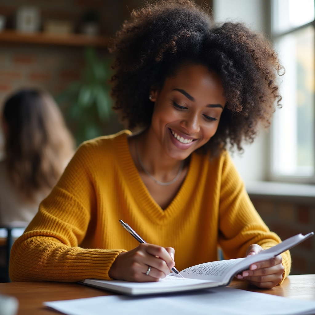 Participante adulta revisando su texto escrito a mano, con expresión reflexiva y satisfecha