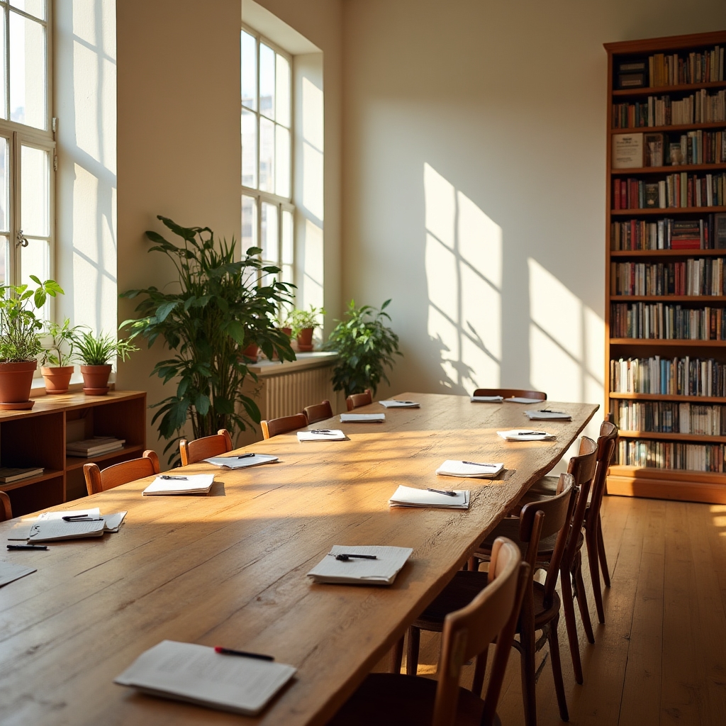 Vista interior del espacio del taller de escritura creativa, con mesas de madera y luz cálida