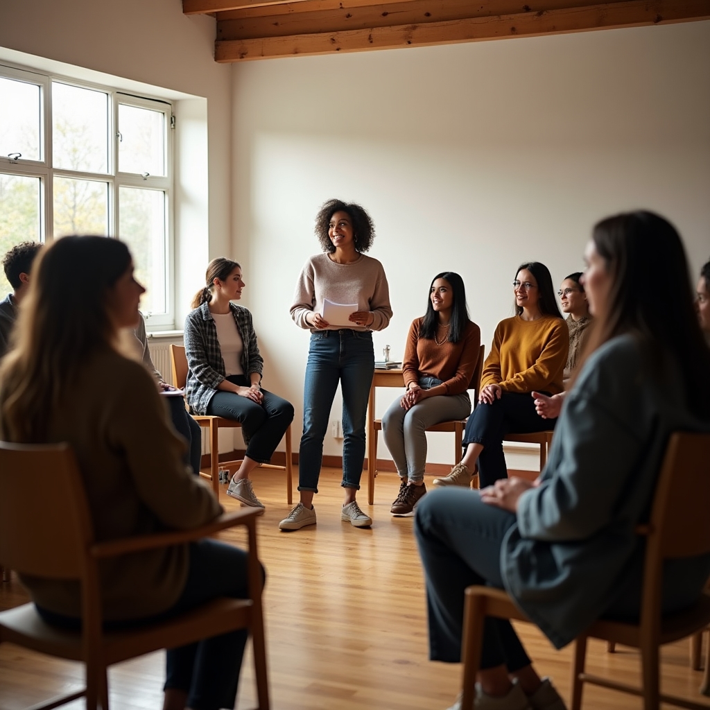 Círculo de participantes adultos en taller de escritura, leyendo y escuchando con atención